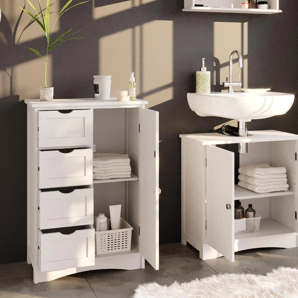 Cassettiera da bagno Bianco, Bianco, 55 x 81 cm, per conservare e abbinare con mobili da bagno Bianco