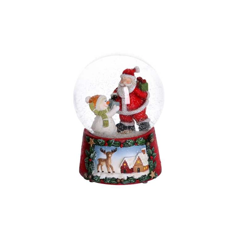 Palla di vetro con carillon babbo e pupazzo rosso cm 10x10h14,5