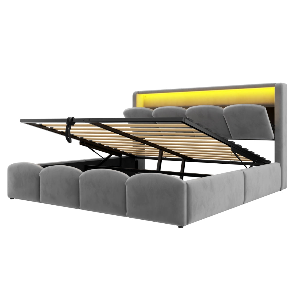 Letto matrimoniale imbottito 140x200 cm in velluto grigio con LED; USB e vano contenitore