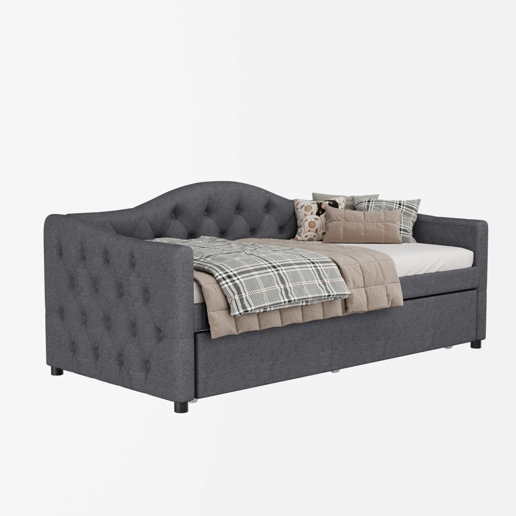 Letto singolo daybed 90x200 cm con letto estraibile, divano letto in lino grigio