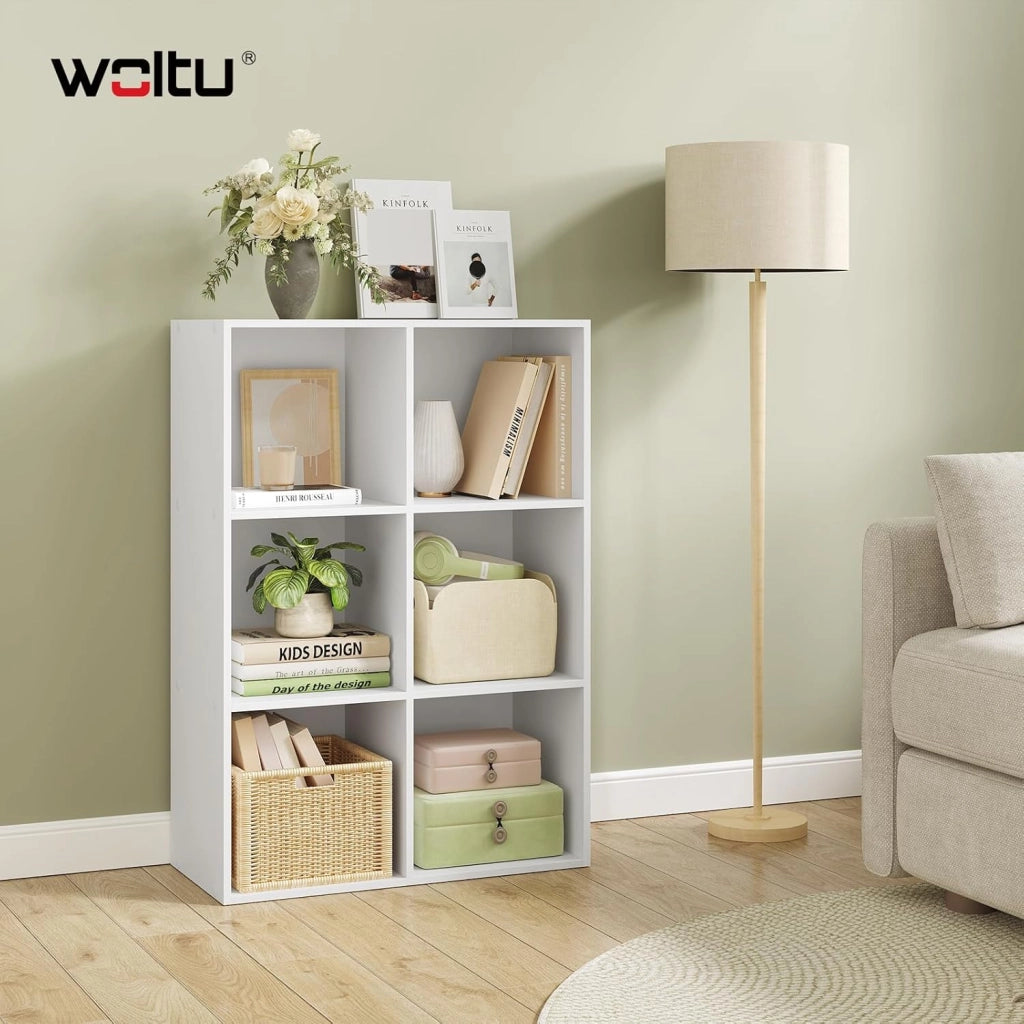 Libreria Bianca con 6 Cubi Portaoggetti, Scaffale in Legno Multiuso, Mobiletto Salvaspazio per Soggiorno, Camera da Letto, Ufficio 59.6X29X89cm, SK002ws3