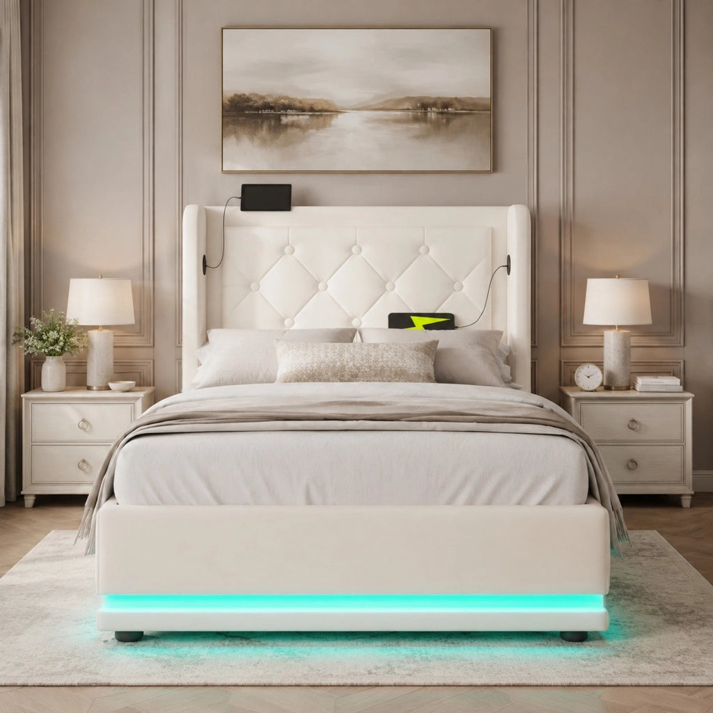 LETTO imbottito 90x200 cm in PU bianco con USB, Type-C e LED 3 lati