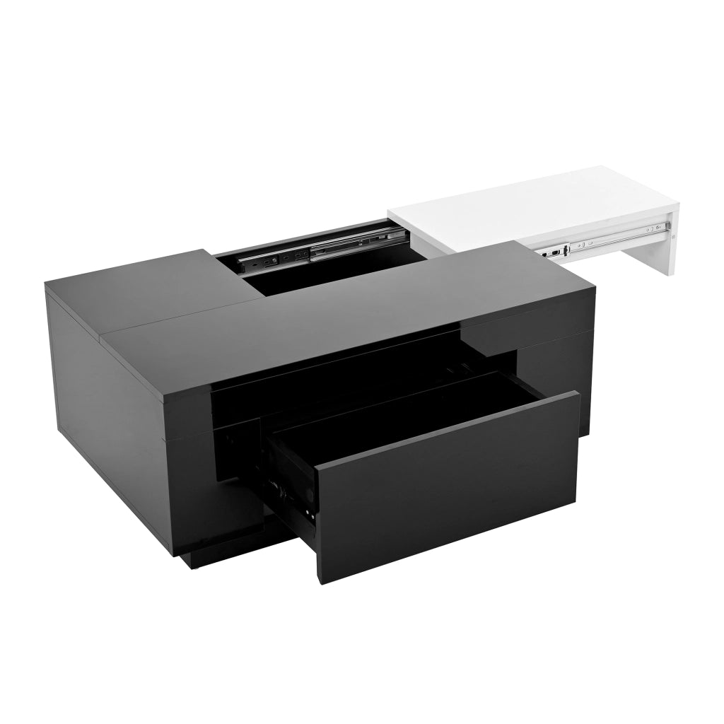 OKWISH Tavolino da Caffè Moderno con Piano Estensibile e Cassetto Nascosto, LED Bluetooth, per Soggiorno, MDF, Nero e Bianco, 80×50×35,5 cm