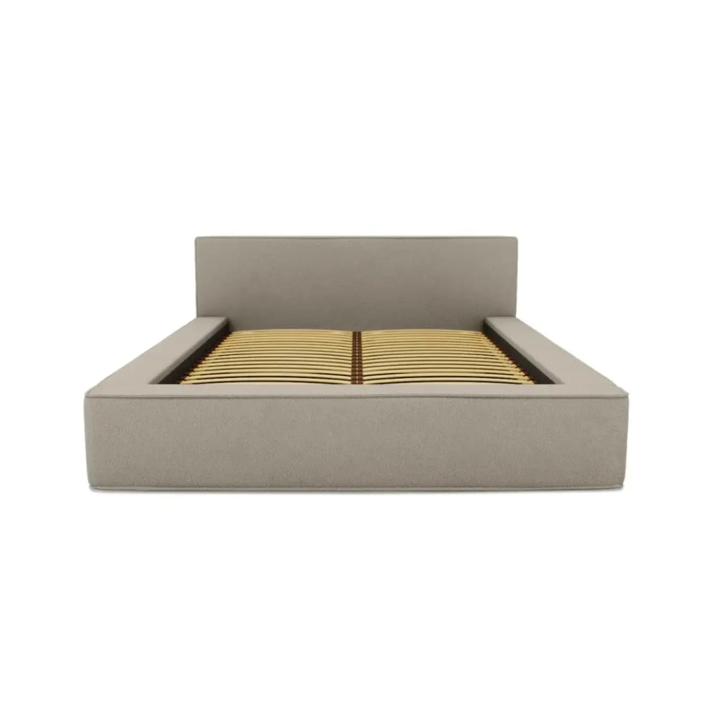 Letto contenitore VELORA – Lino naturale bouclé – 140x200 cm – Tessuto effetto lana – Rete sollevabile – Contenitore integrato
