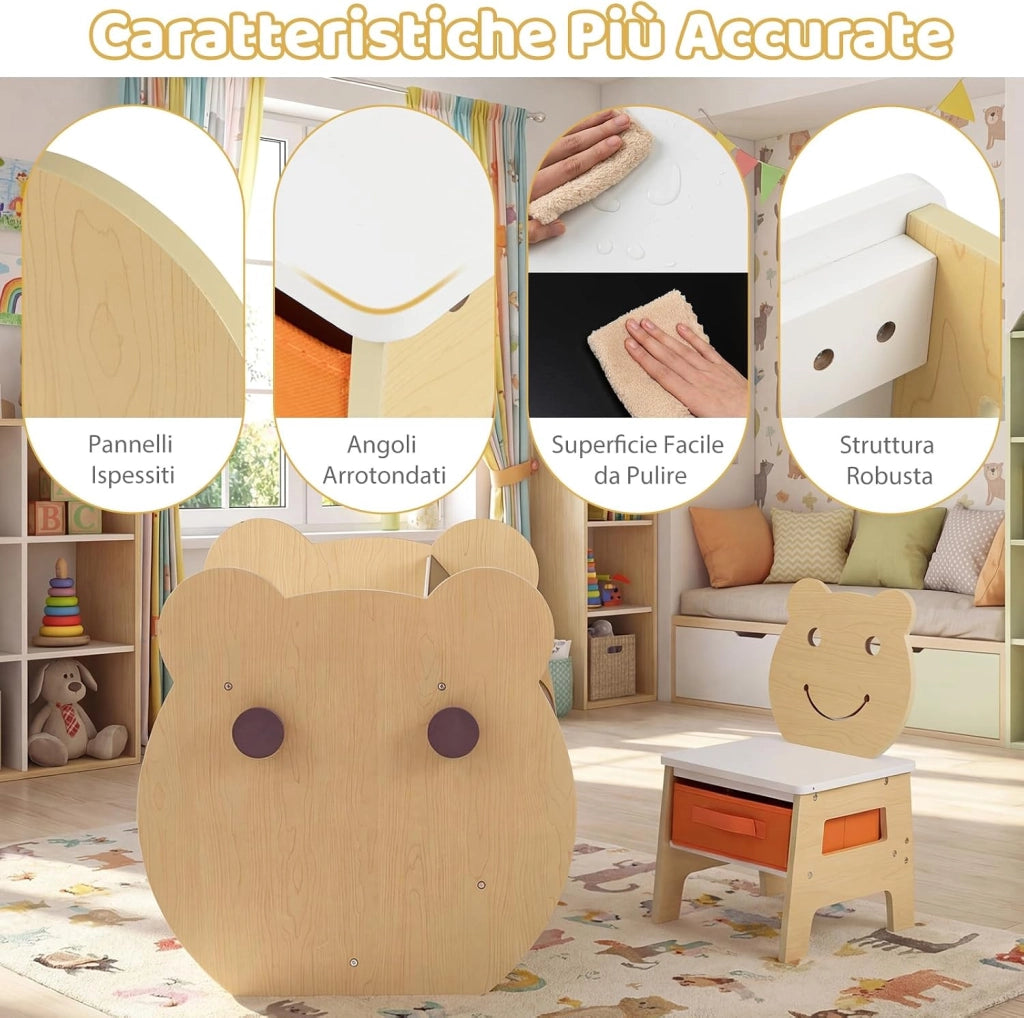 Set Tavolo e Sedia per Bambini 3+ Anni, Tavolo Multifunzionale con Lavagna Bifacciale, Ripiano e 4 Ganci Laterali, Sedia Comoda con Cassetto Rimovibile per Cameretta e Asilo (Naturale)
