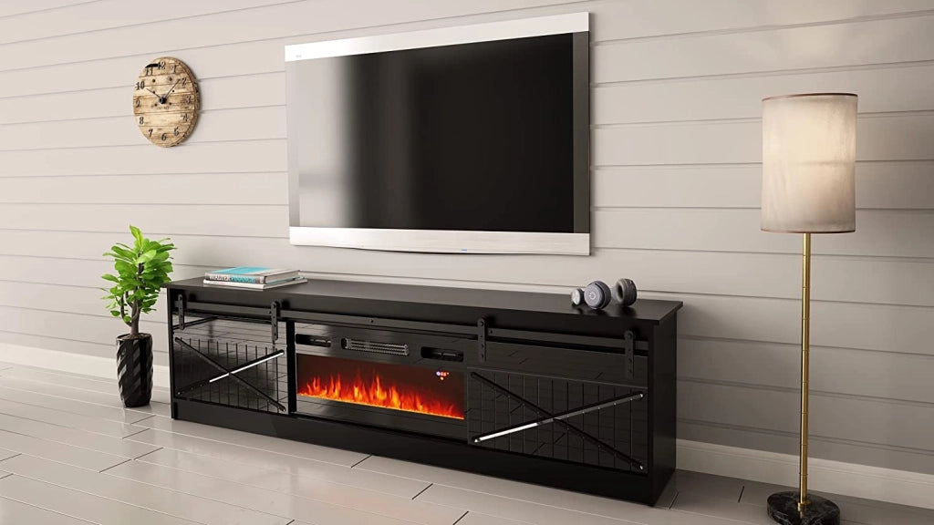 MOBILE TV CON CAMINETTO ELETTRICO GRANERO INCORPORATO cm200x35x57 NERO LUCIDO