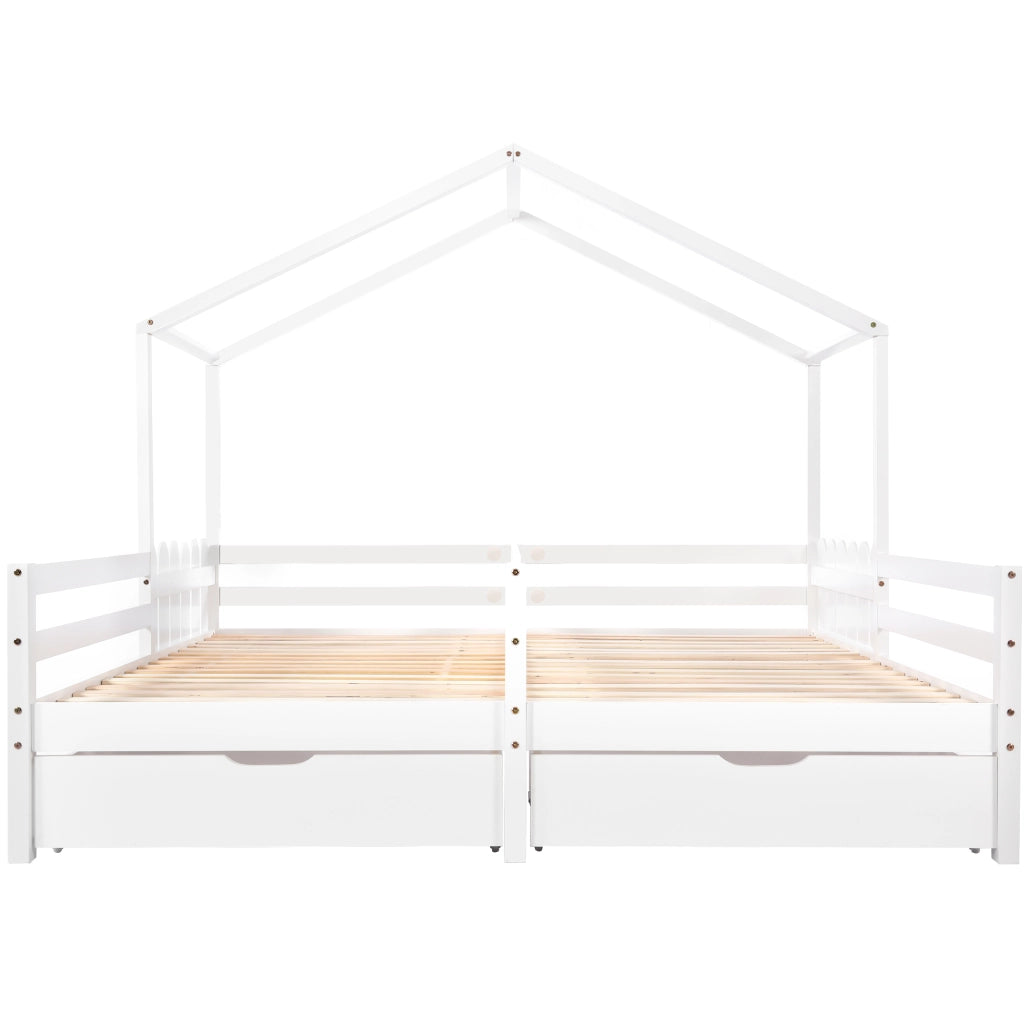 Letto Casetta 200x90 cm e 200x90 cm; Letto Matrimoniale con 2 Cassetti - Bianco