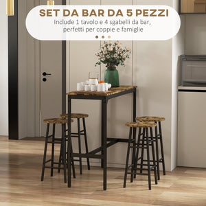 Set Tavolo Alto Rettangolare con Sgabelli in MDF e Acciaio Nero e Marrone