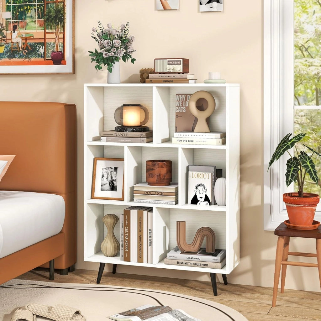 Libreria a 7/8/10 scomparti, con gambe in metallo e dispositivo antiribaltamento, mensola per camera da letto, soggiorno, studio (80 x 24 x 107 cm)