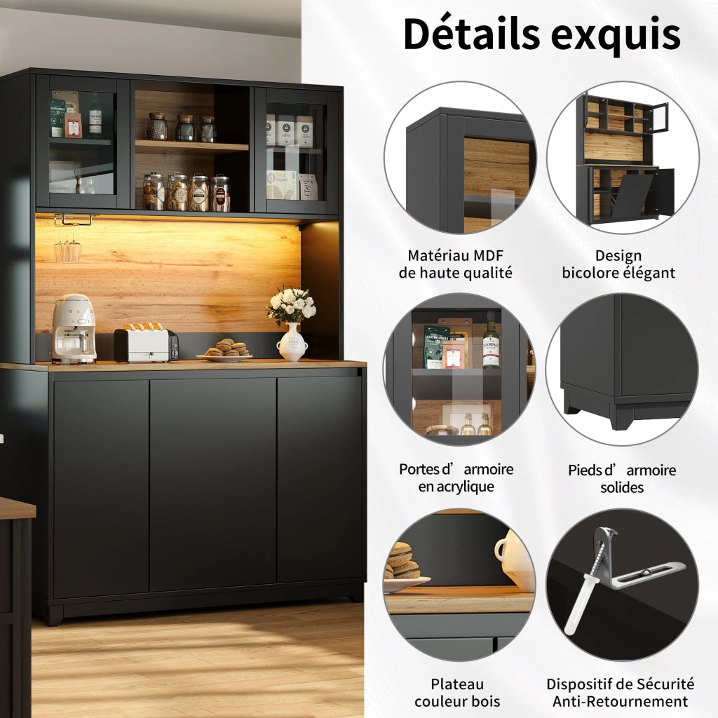 OKWISH Credenza da Cucina Alta con Ripiani, Ante in Acrilico, LED e Vano Pattumiera, Nera, 120 × 40 × 180 cm