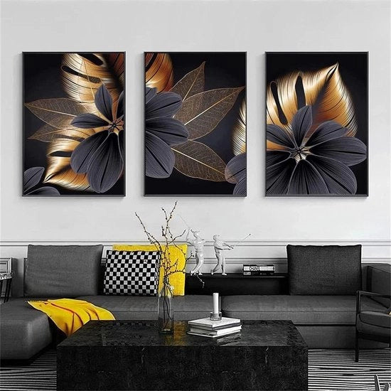 Set di 3 poster di schilderismo per parete in stile foglia di pianta nera e oro