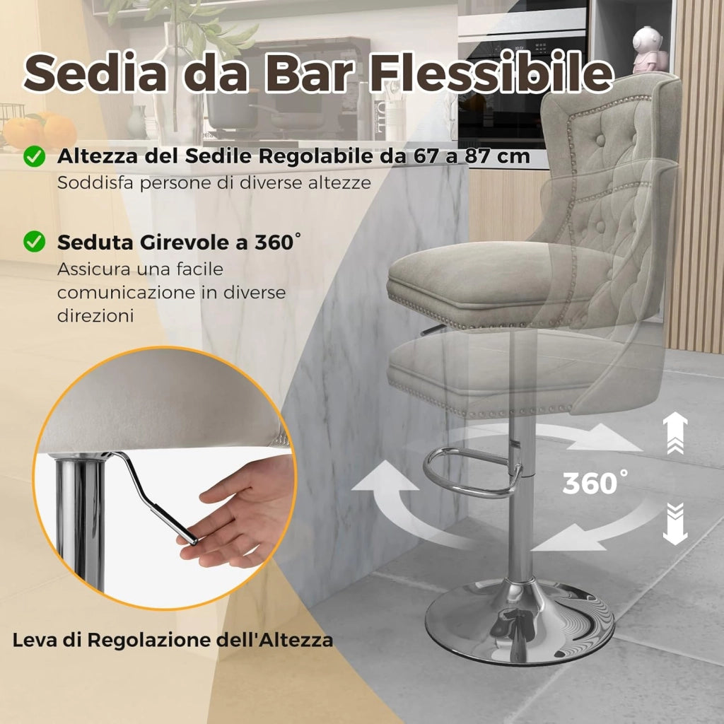 Set 2 Sgabelli da Bar in Velluto 97-117cm, Sedie Regolabili e Girevoli con Poggiapiedi, Schienali e Base in Metallo Elettroplaccata per Casa, Cucina, Pub e Ristorante (Grigio)