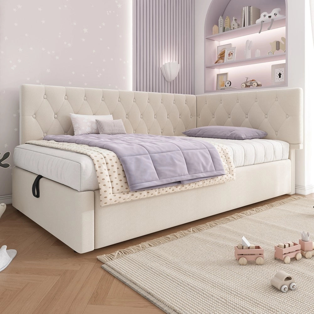 Letto Imbottito Contenitore con Rete a Doghe ¨C MINIMAL ¨C Velluto Beige 90x200