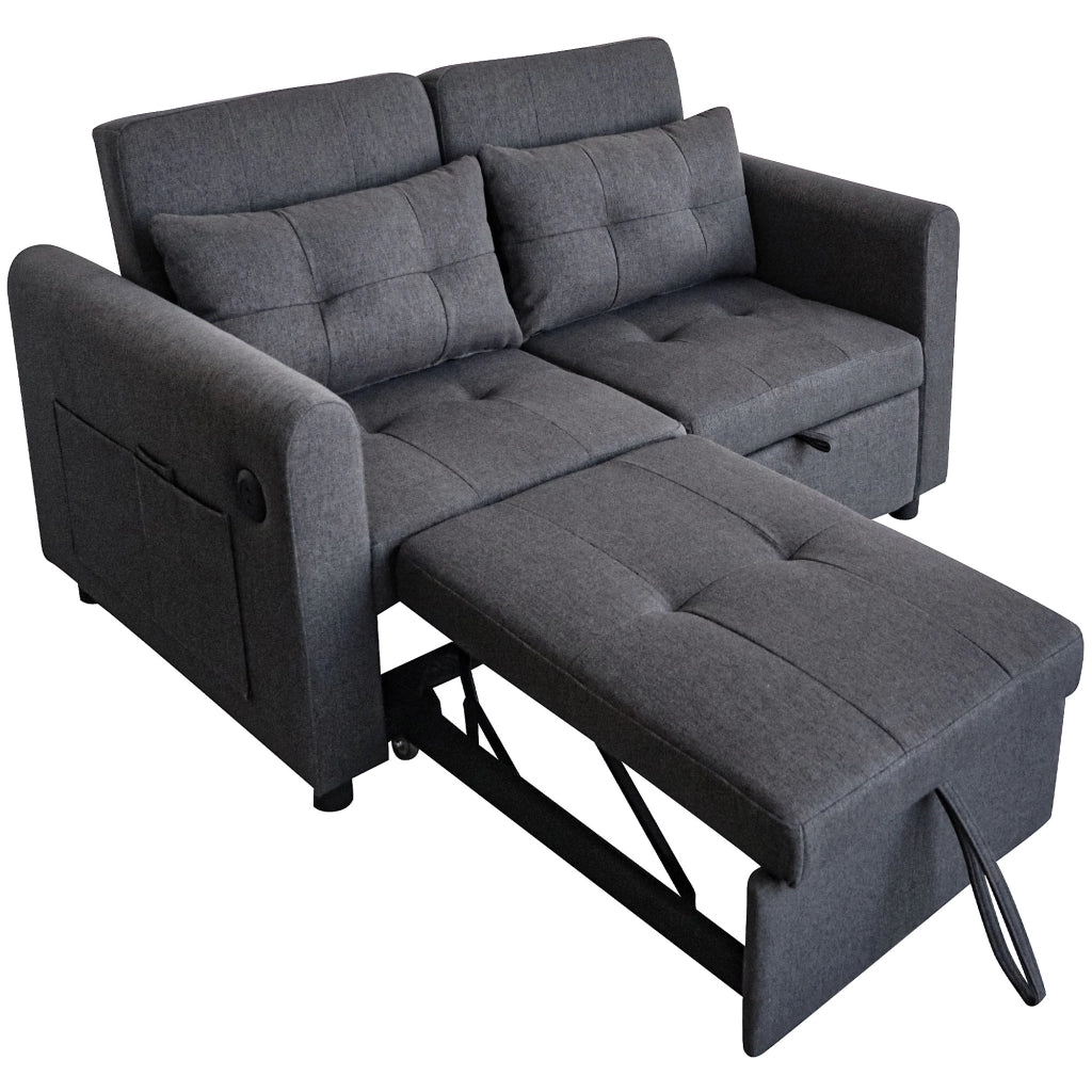 Divano letto 2 posti con schienale regolabile; porte USB; tasche laterali e cuscini; in cotone e lino grigio