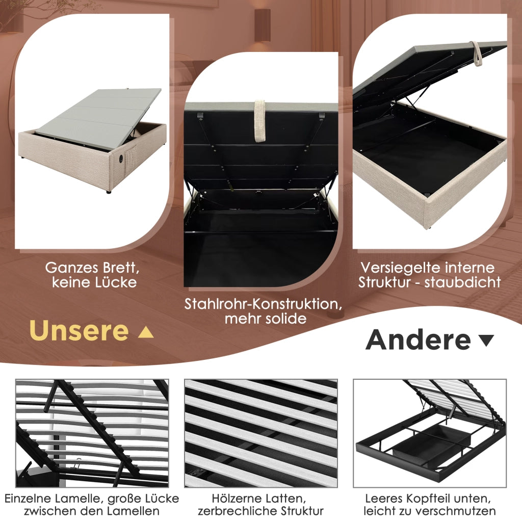 Letto matrimoniale imbottito con porta USB 160x200 cm lino beige naturale