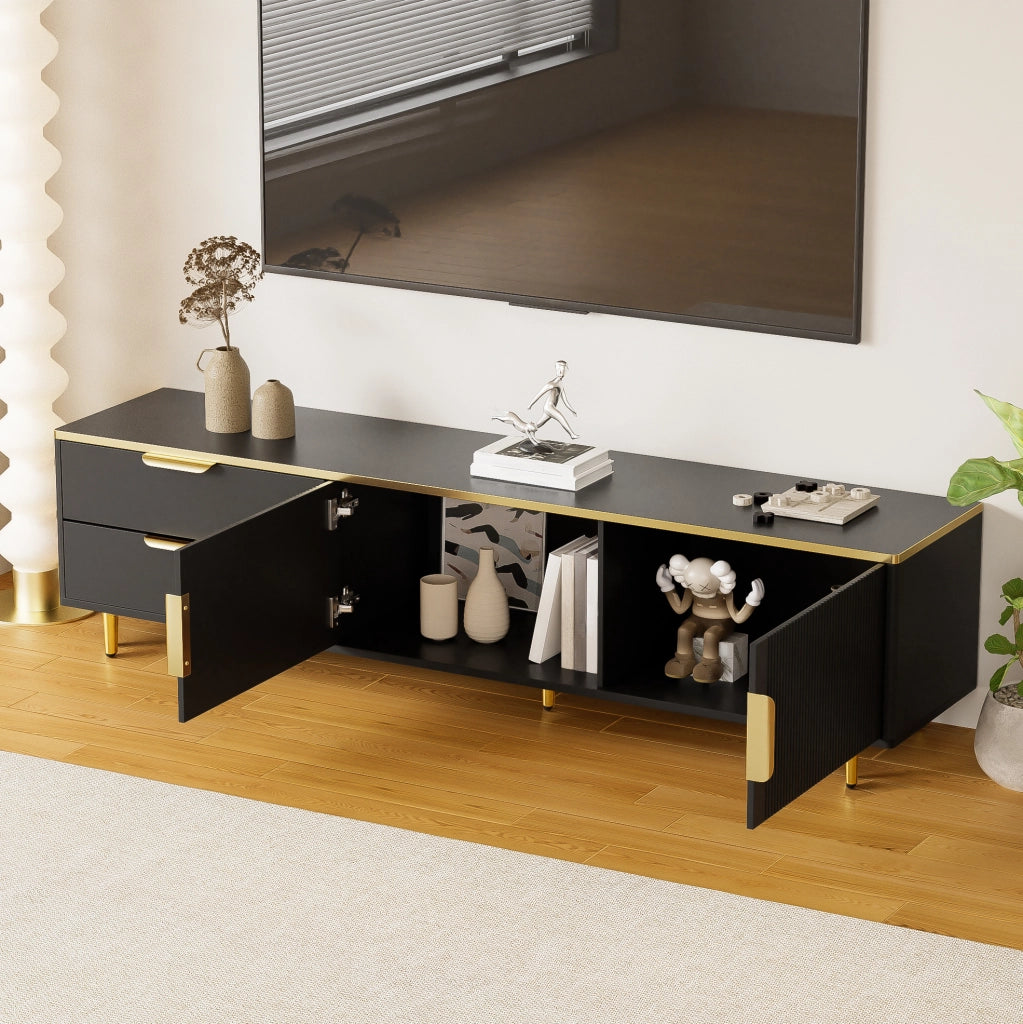 Mobile TV 170x45x37 cm con 2 cassetti e 2 ante in MDF e truciolare; nero e oro