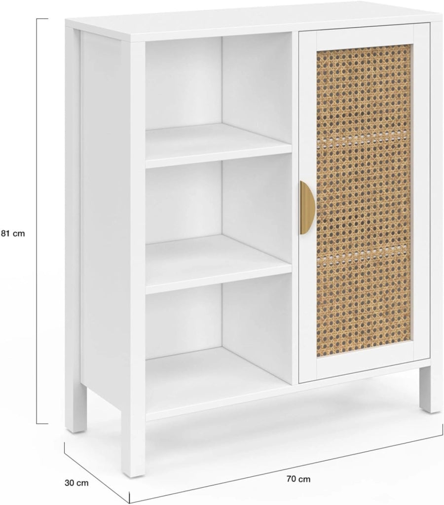 EDHEN credenza e armadietto bianco a 3 ripiani da 70 cm con teca
