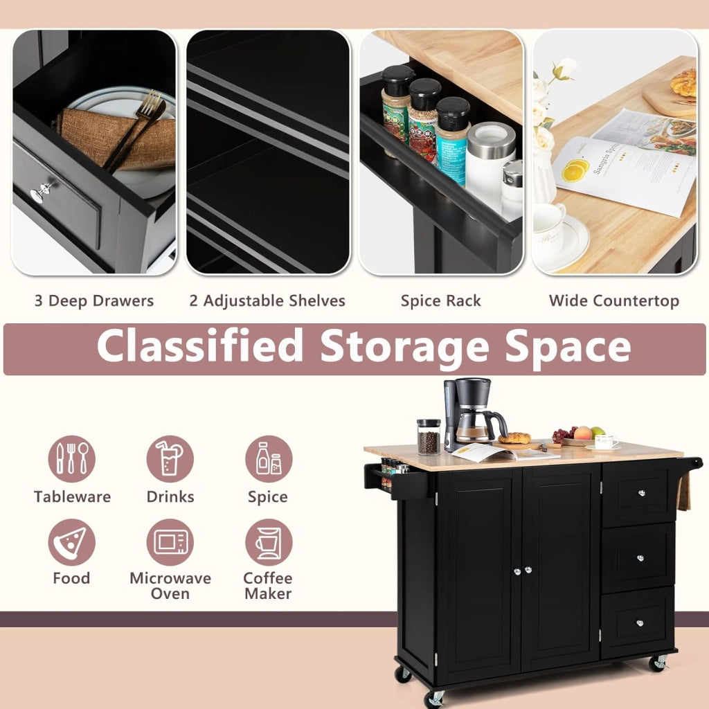 Carrello da Cucina con Pannello Pieghevole Portato fino a 50 kg, Isola da Cucina 43x136x91cm, Carrello Portaoggetti in Legno con Ruote, Multifunzione e Grande, Nero (Nero)