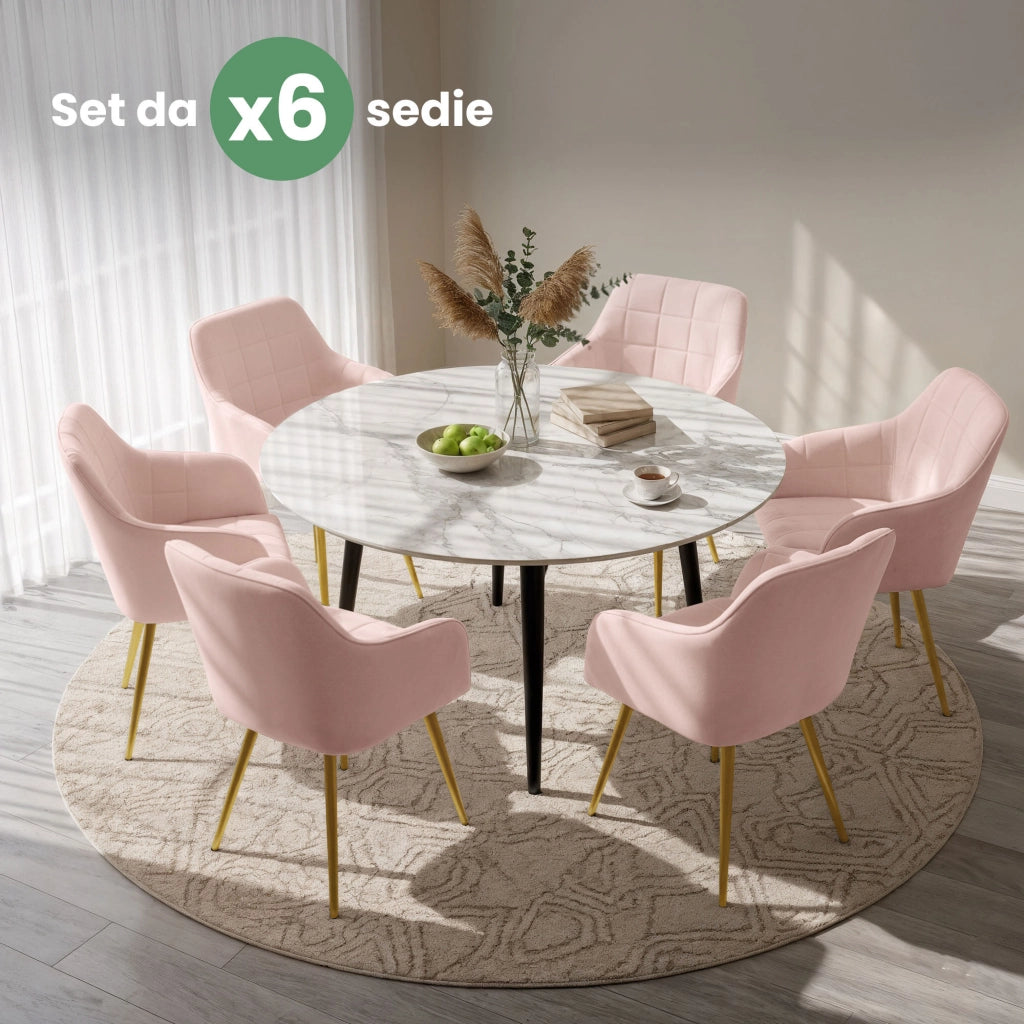 Set di 6 Sedie imbottite con cuciture quadrate LUXANO Rosa Cipria gambe oro