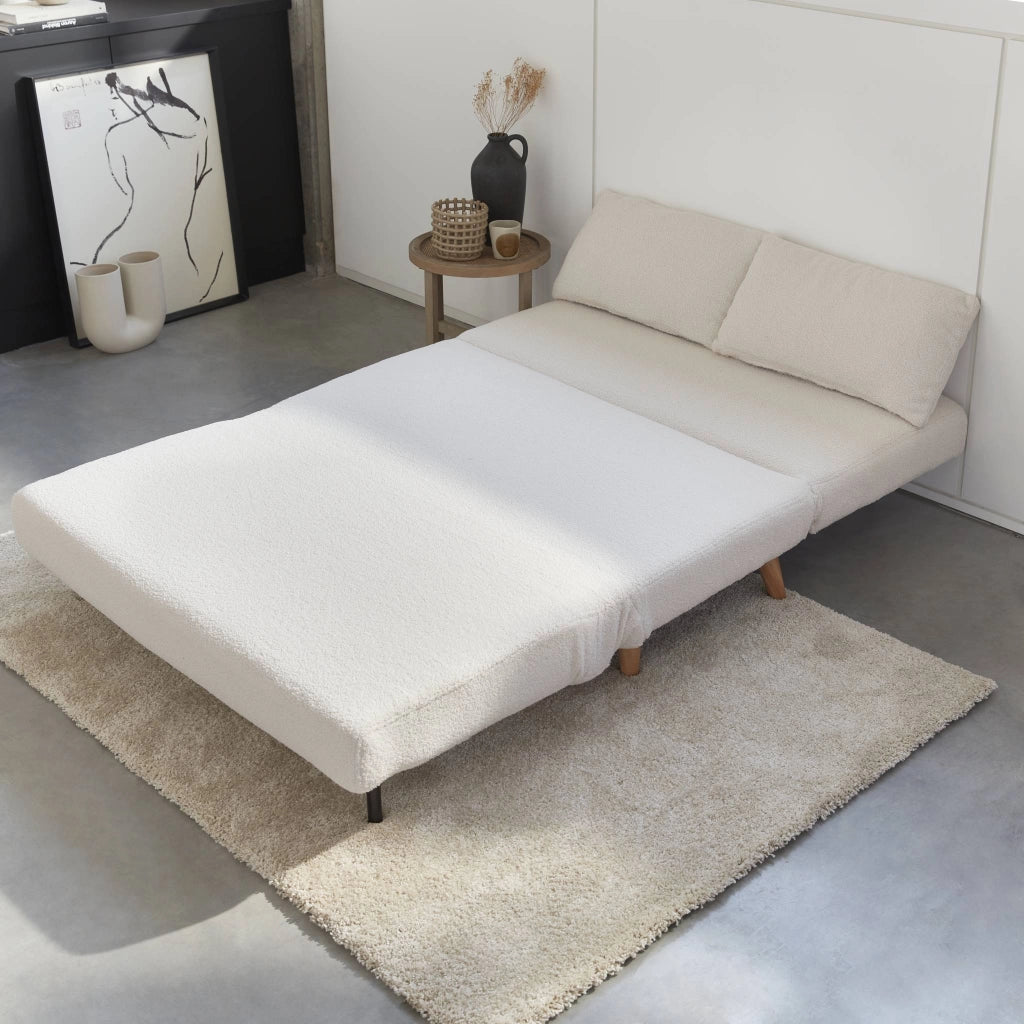 Divano letto in tessuto bouclé, 2 posti, crema