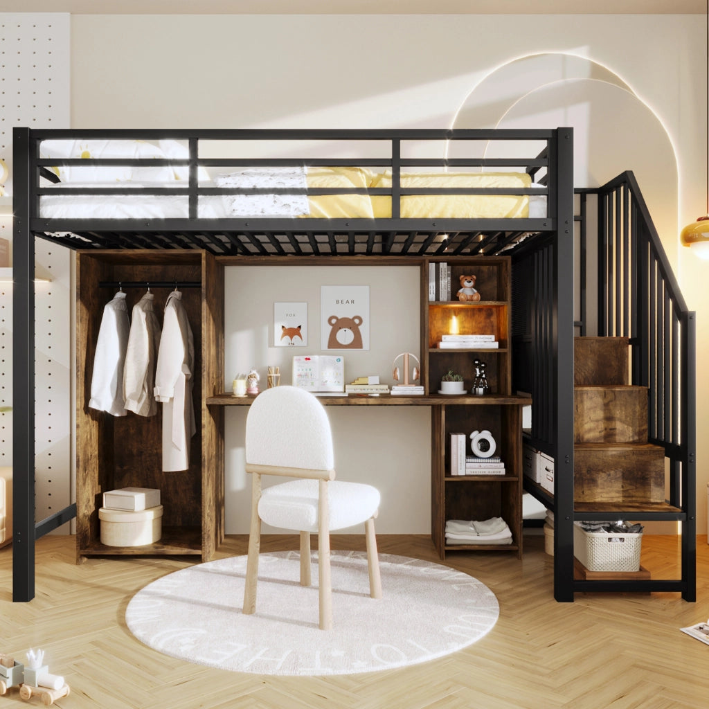 LETTO A SOPPALCO 90 x 200 cm Nero con armadio, scrivania e vani contenitore