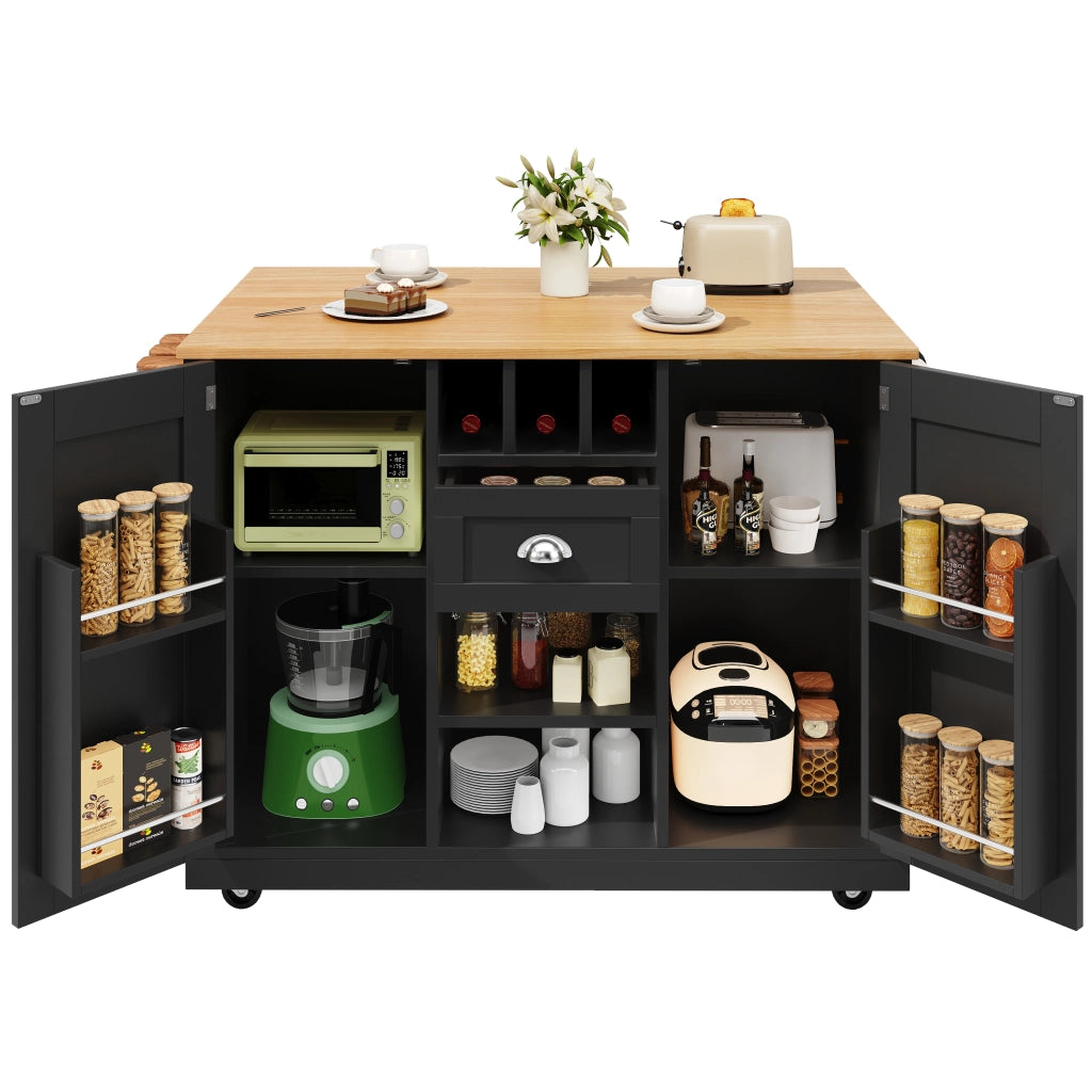 Carrello da Cucina con Piano di Lavoro, Buffet e Portavino ¨C MINIMAL ¨C Legno/Nero, con Ruote