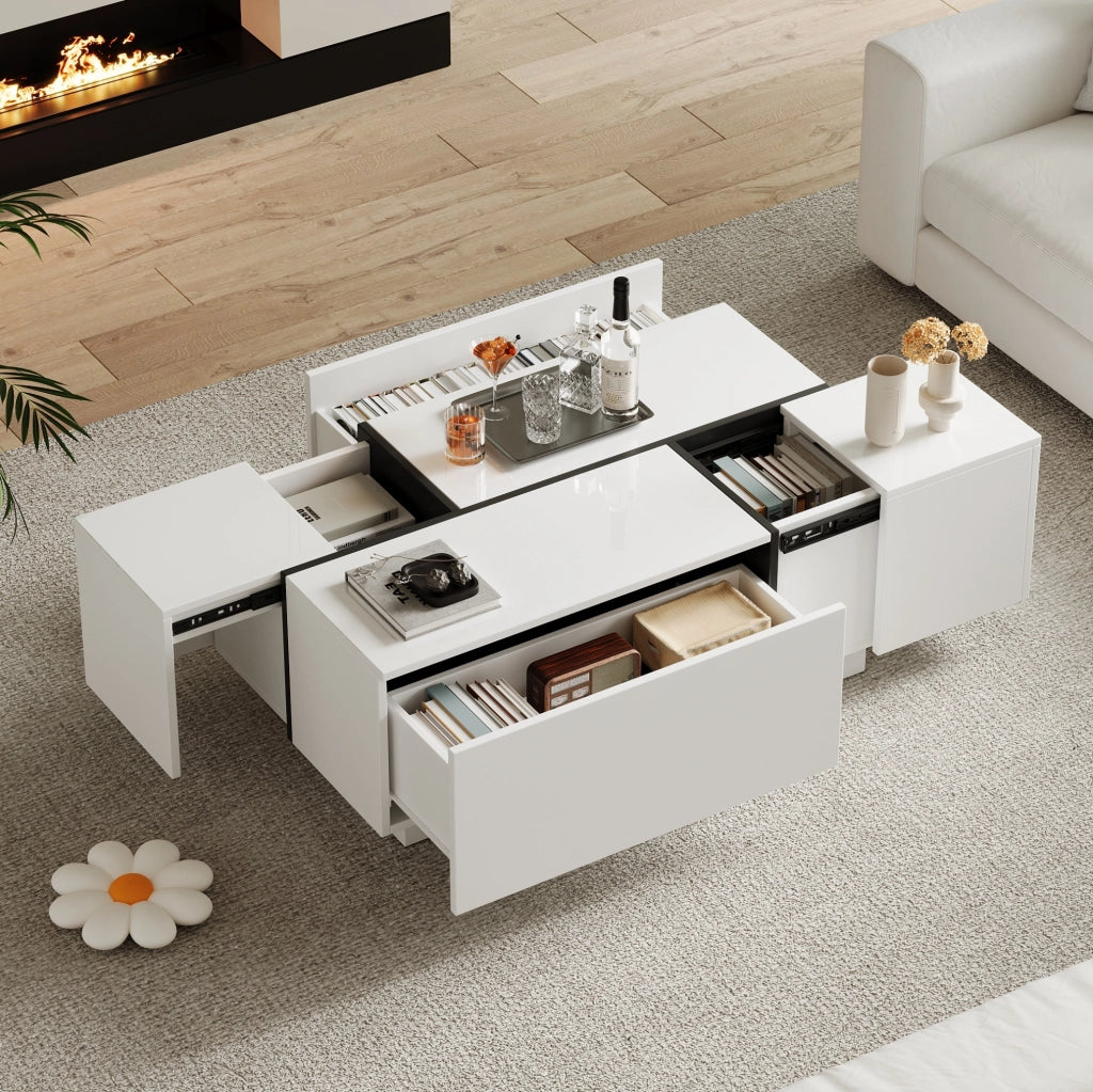 Tavolino da salotto moderno bianco e nero con 4 cassetti e piano lucido