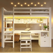 Letto a soppalco in pino con scrivania, cassetti e LED, 90/140x200 cm