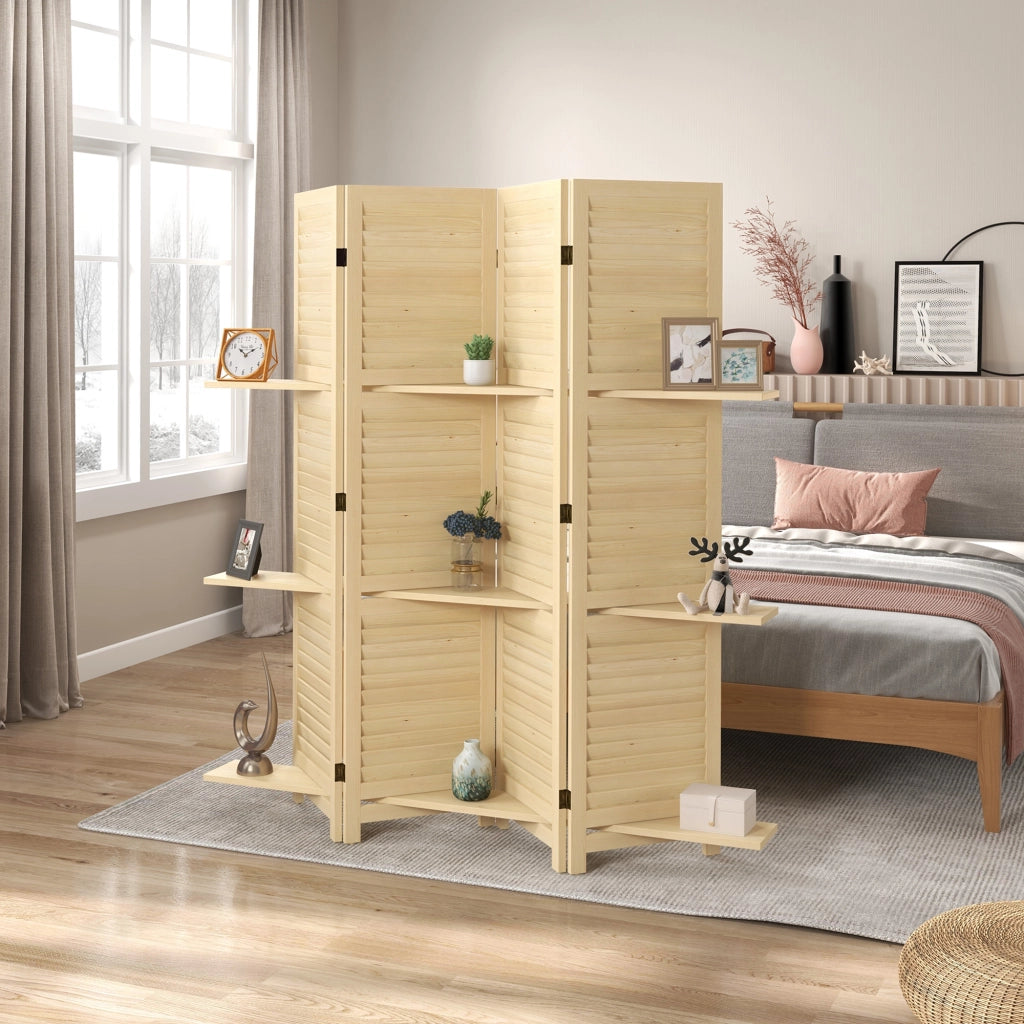Paravento con 4 pannelli e 3 mensole ¨C zephmum ¨C legno naturale 160x170 cm