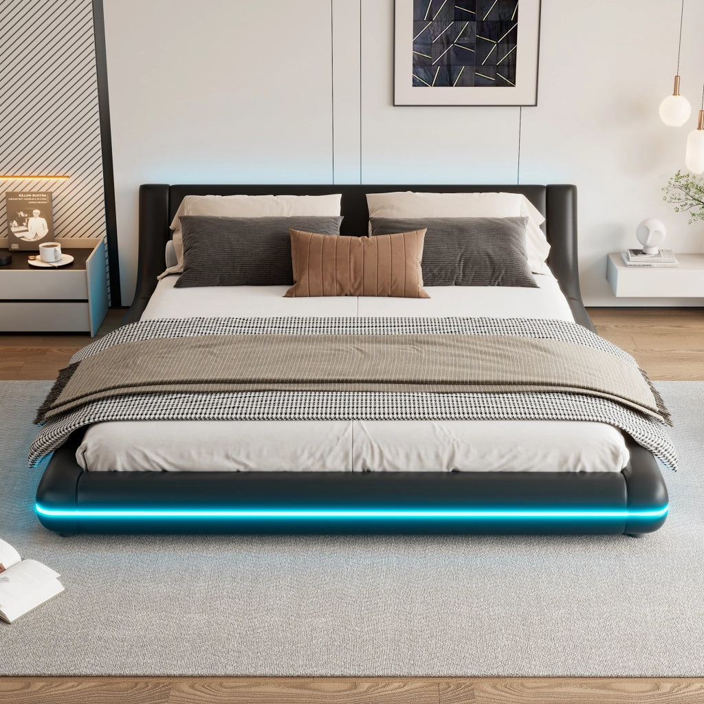 Letto Basso Letto Matrimoniale 160x200 cm; 2 Posti; LED Regolabile; in PU e MDF; Nero