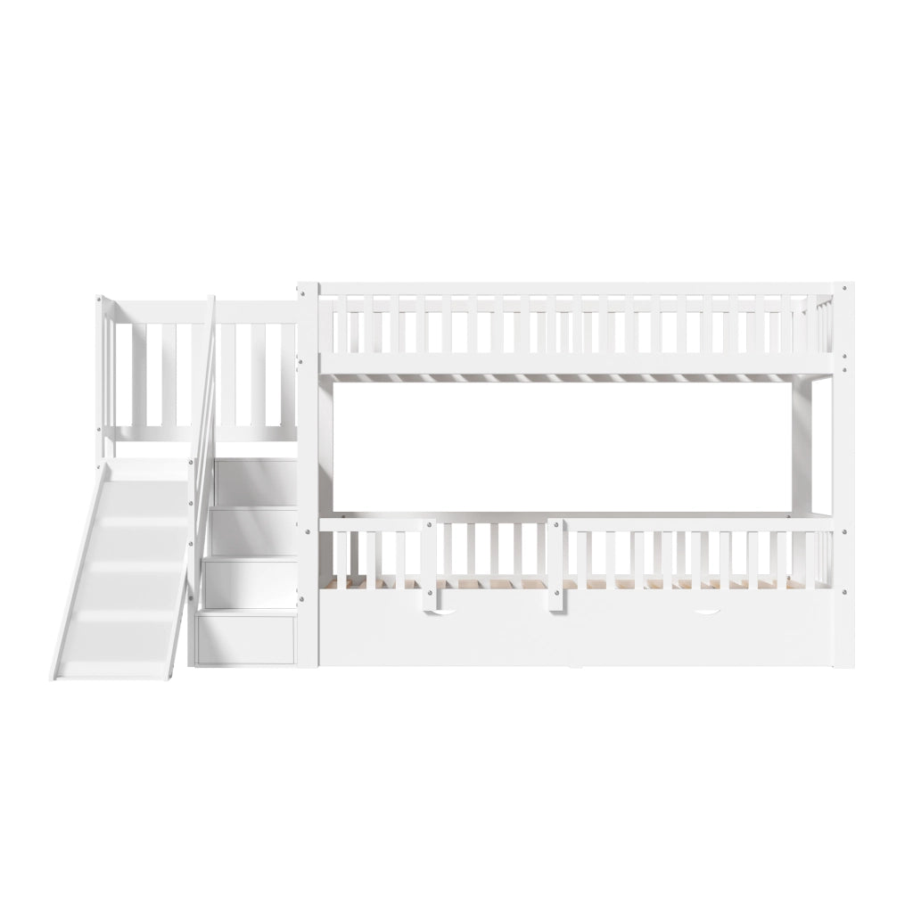 OKWISH Letto a Castello 90×200 cm, Letto Singolo con Scivolo, Scala e 2 Cassetti, senza Materasso, in Legno Massello, Bianco