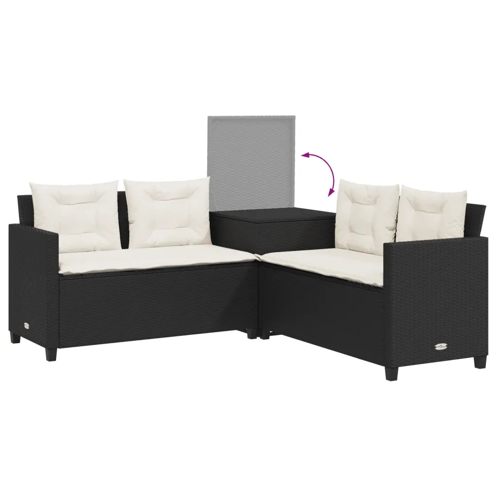Divano da Giardino con Tavolo e Cuscini a L-Sofa da Giardino-Divano da esterno Nero in Polyrattan 305482