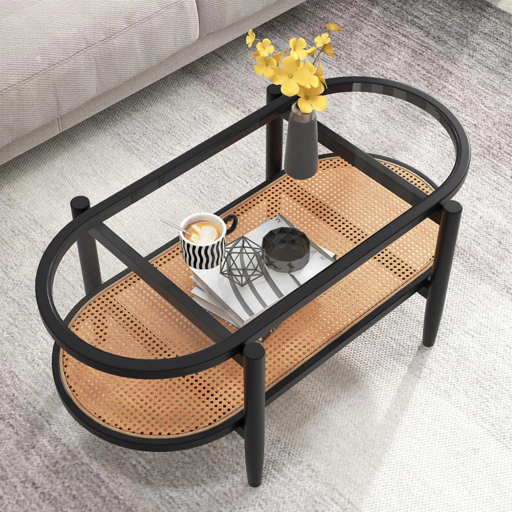 Tavolino da Salotto in Legno Massello e Vetro, Tavolino Basso a 2 Piani con Spazio di Archiviazione, Tavolo Ovale Elegante per Soggiorno e Ufficio (Nero)