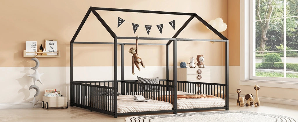 DESMIU Letto a castello 2 posti con sponde, scala e struttura a casetta, 90 × 200 cm, senza materasso, nero