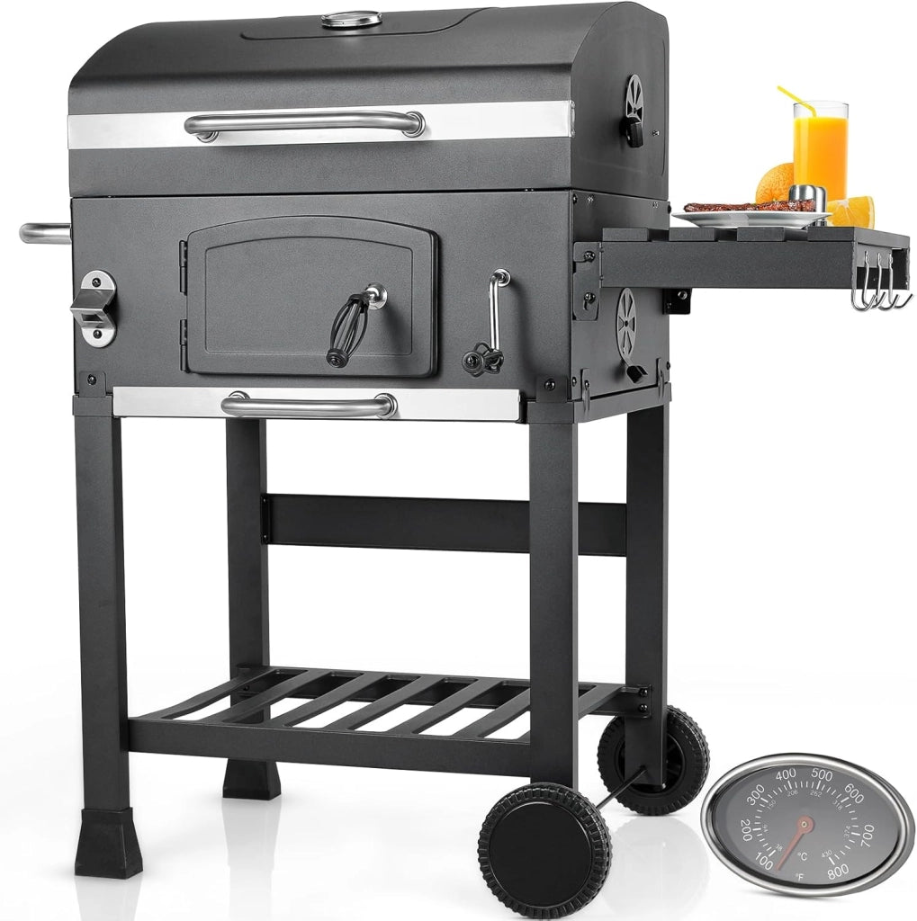 Barbecue Carbonella XL, Barbecue a Carbonella con Coperchio, Griglia per Barbecue con 2PCS Ruote, Termometro, Grande BBQ Smoker con Carrello per Campeggio, Giardino