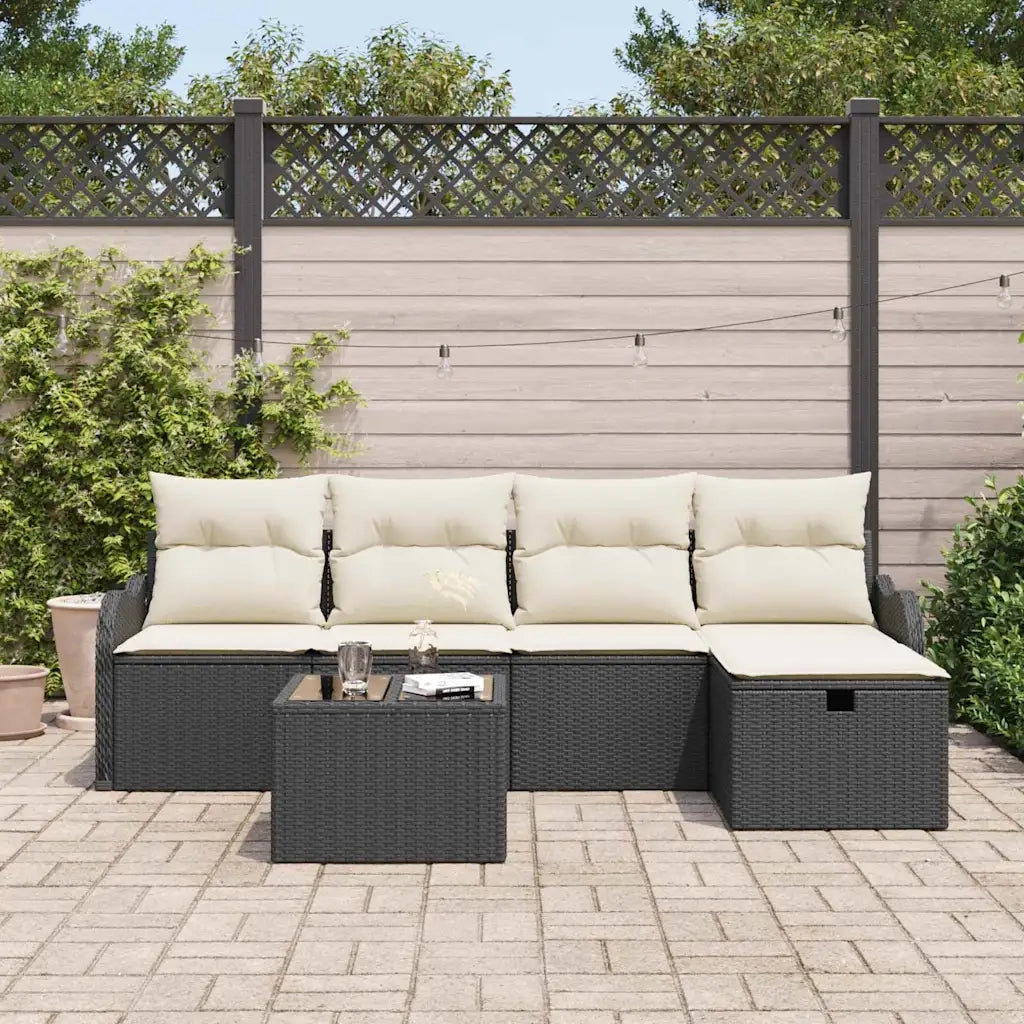 Set Divano da Giardino 6 pcs Nero e Crema polyrattan