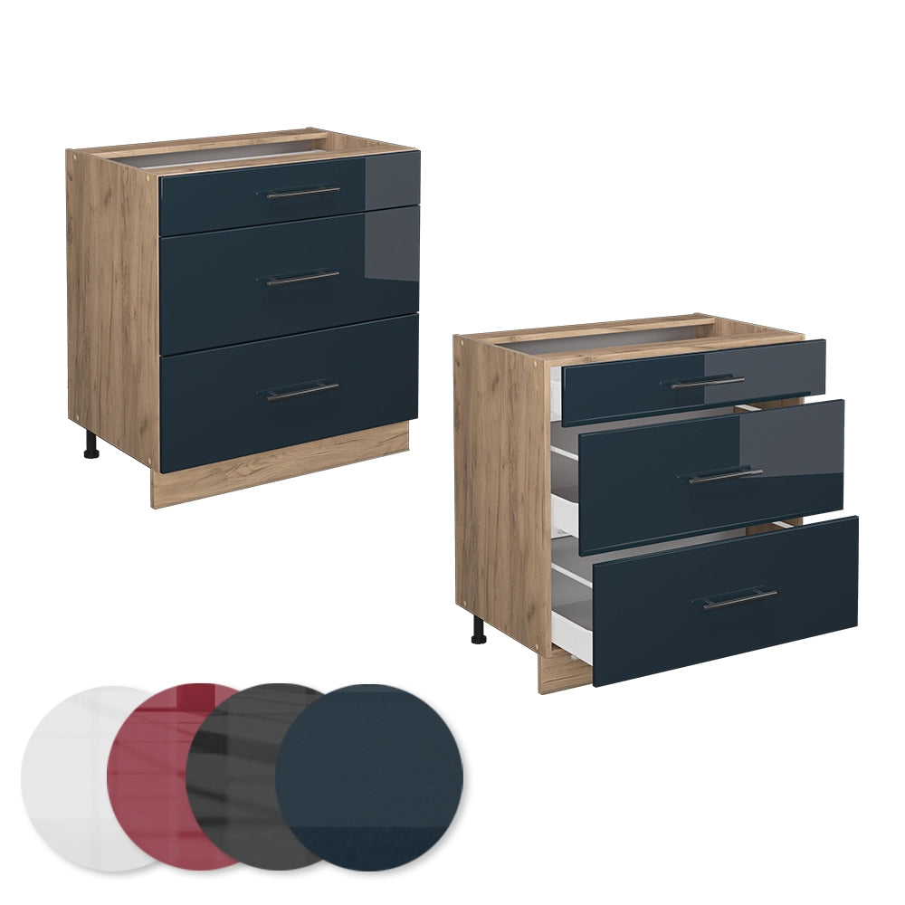 Vicco Mobiletti da cucina  Blu scuro lucido 80 cm con 3 cassetti, senza piano di lavoro