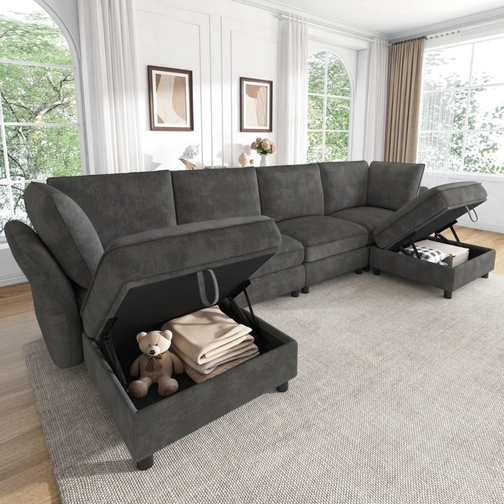 Divano modulare a U con 2 pouf contenitore, 6-7 posti, rivestimento in chenille, colore grigio