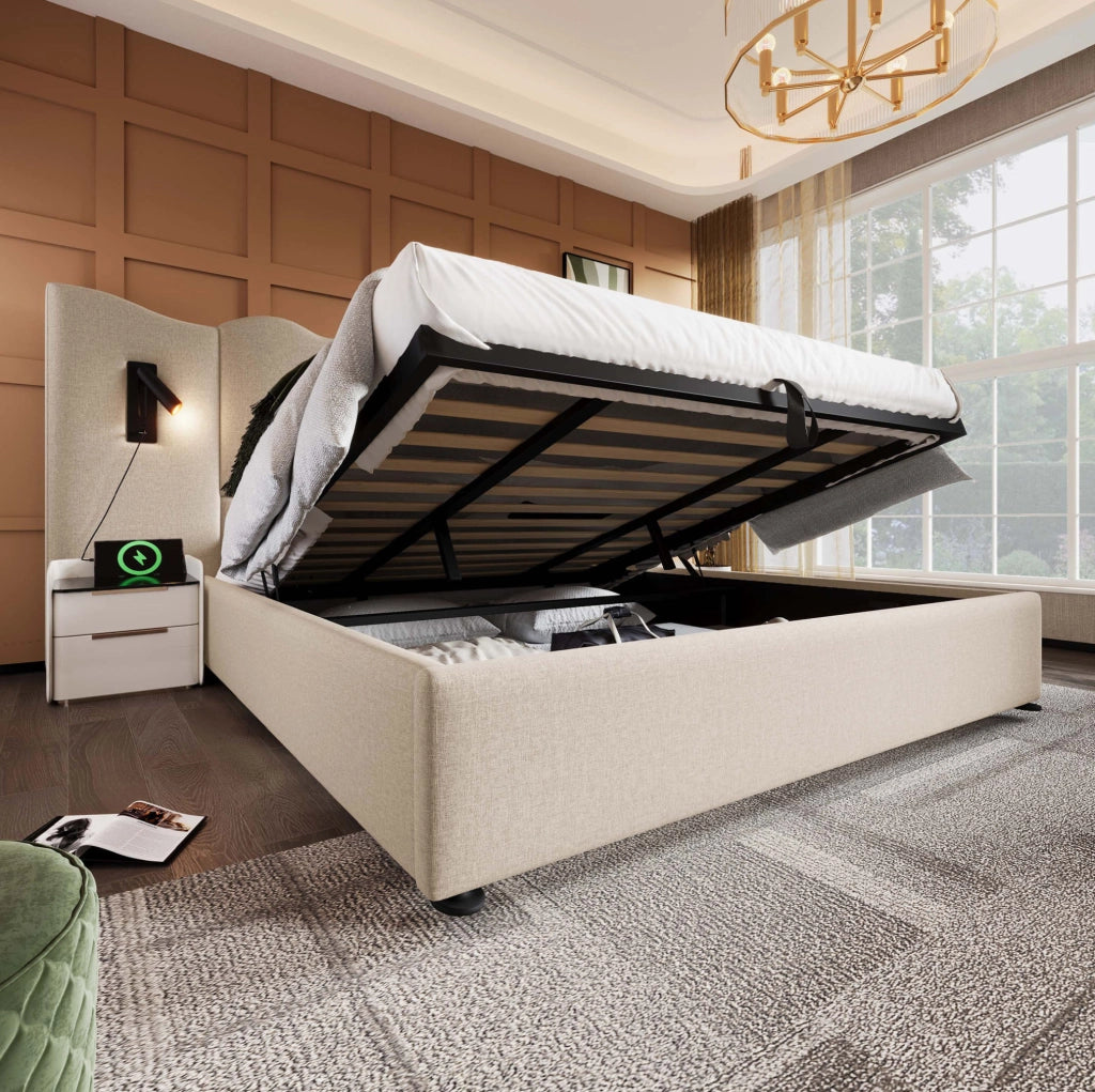 Letto matrimoniale 180x200 beige con luce, USB-C e contenitore