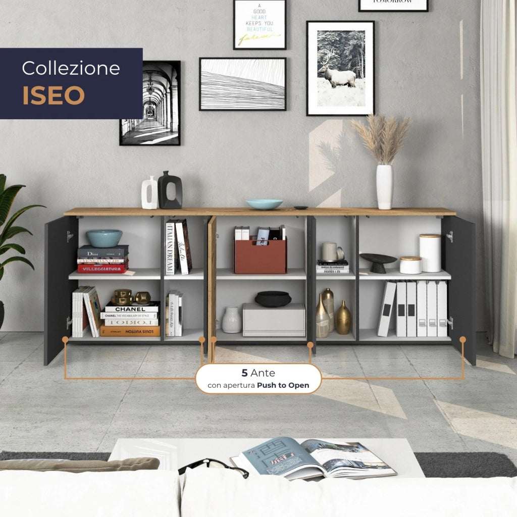 WHOUS Credenza sospesa Iseo con 5 ante e 10 scomparti interni antracite opaco e rovere 200x35x70 cm