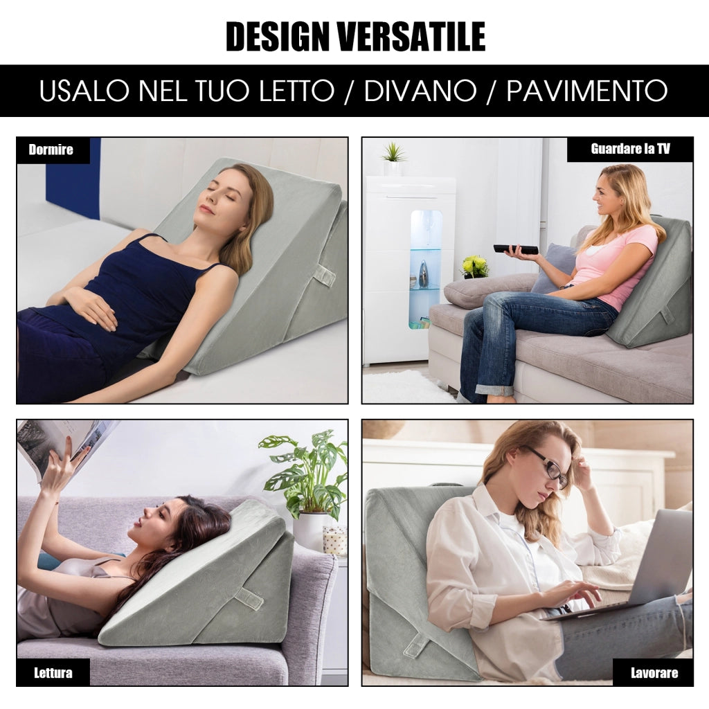 Cuscino memory a cuneo inclinato regolabile-Cuscino ortopedico con supporto rialzato 58x50,5x36cm Grigio-Cuscini