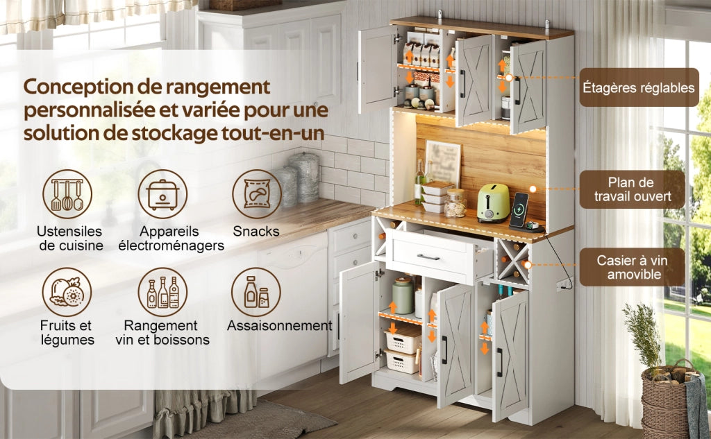 Dispensa alta con LED, portabottiglie estraibili, 1 cassetto e vani aperti, per cucina e soggiorno, 105 × 40 × 180 cm