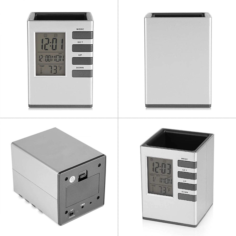 Trade Shop - Portapenne Da Scrivania X Ufficio Casa Con Display Digitale Orologio Illuminato -