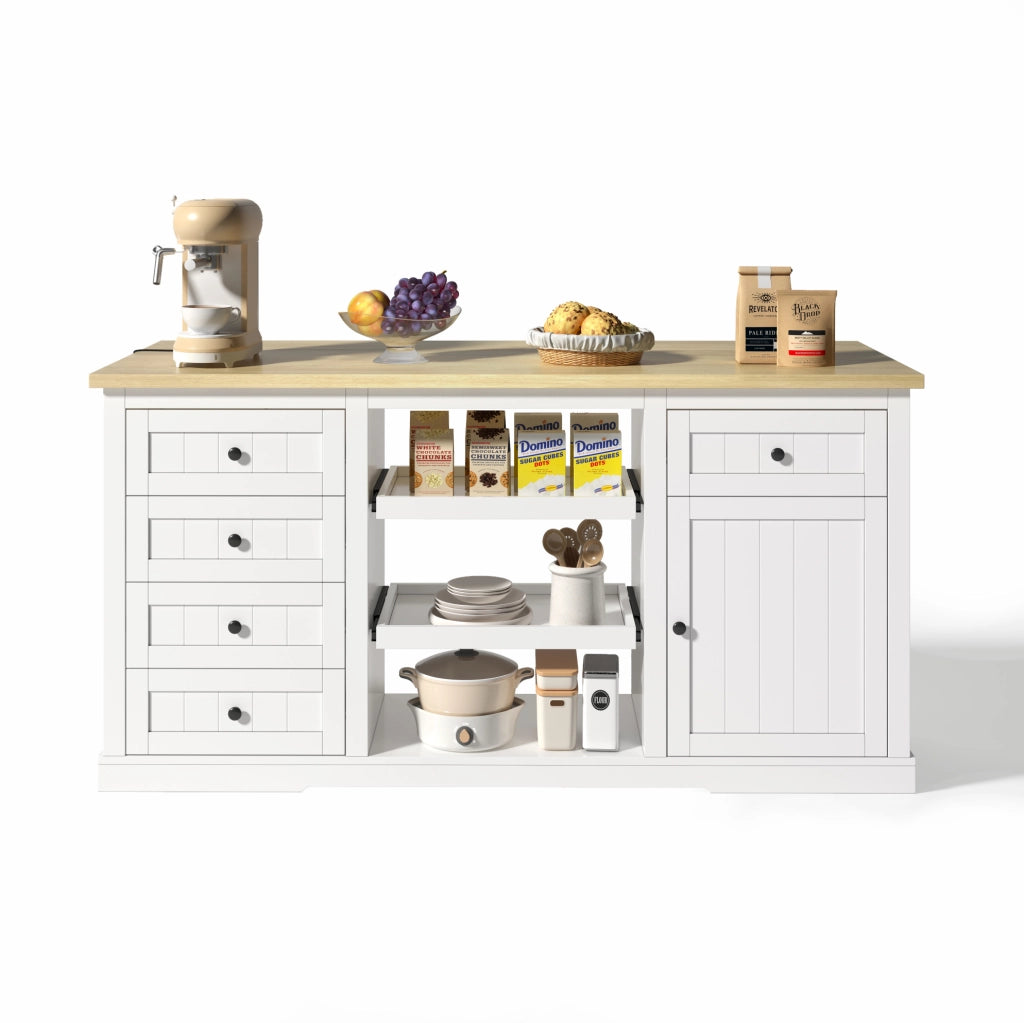 Mobile isola cucina bianco 150x65x75,5 cm con cassetti, ripiani estraibili e prese USB