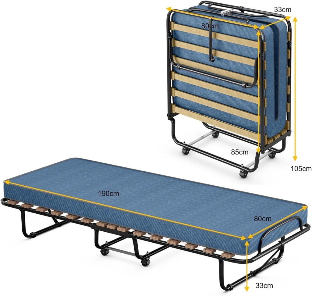Letto Singolo Pieghevole di Emergenza, 80 x 190 cm, Letto Singolo con Materasso in Memory Foam, Telaio in Acciaio con 4 Ruote, 15 Doghe in Legno, Blu