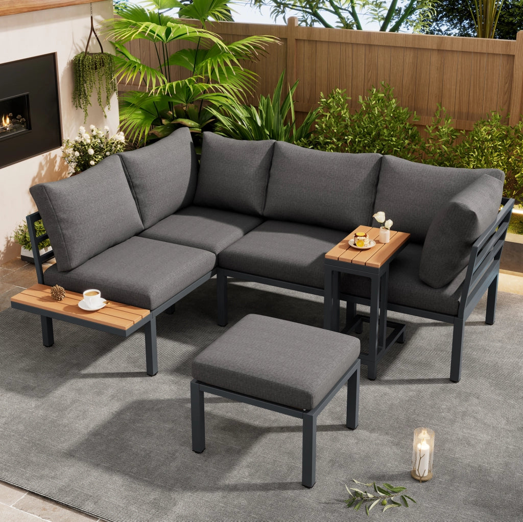 Set mobili da giardino con divano angolare; tavolino laterale e tavolino trasformabile in pouf; grigio e nero