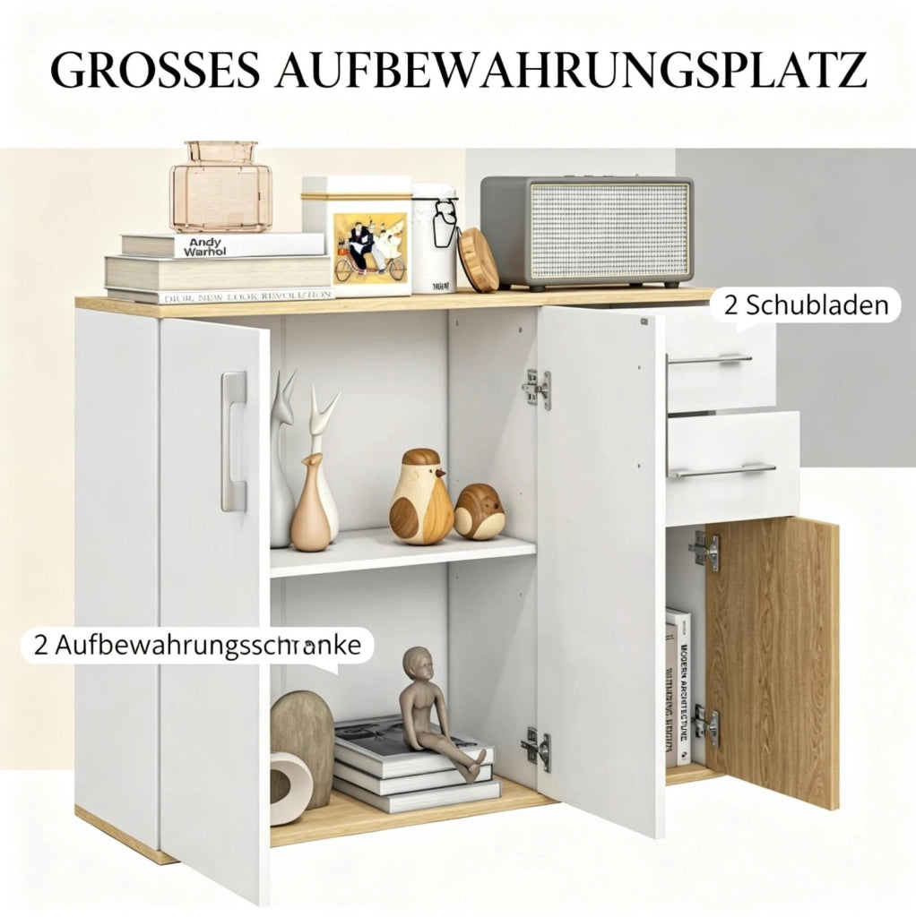Credenza moderna 90 cm bianca e naturale con 2 cassetti
