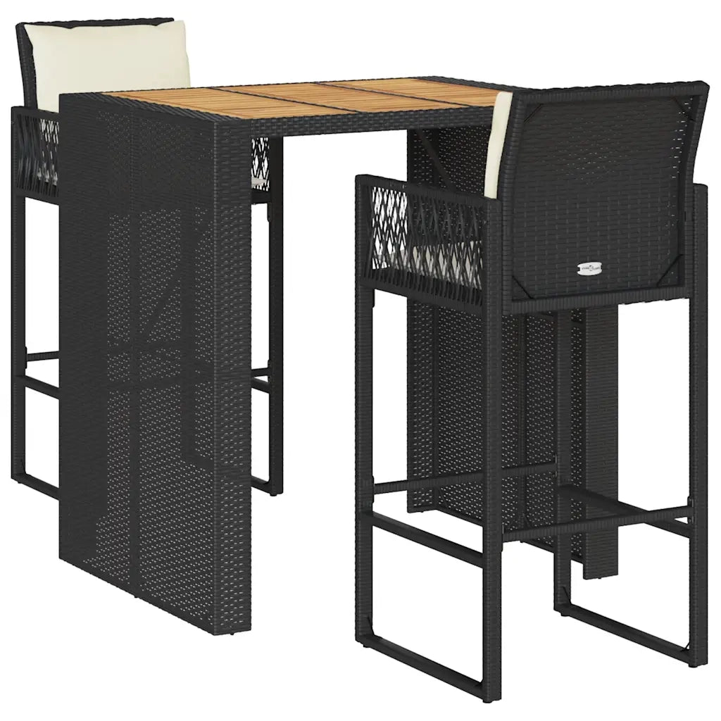 Set Bar da Giardino 3 pz con Cuscini Nero in Polyrattan Acacia 3328895
