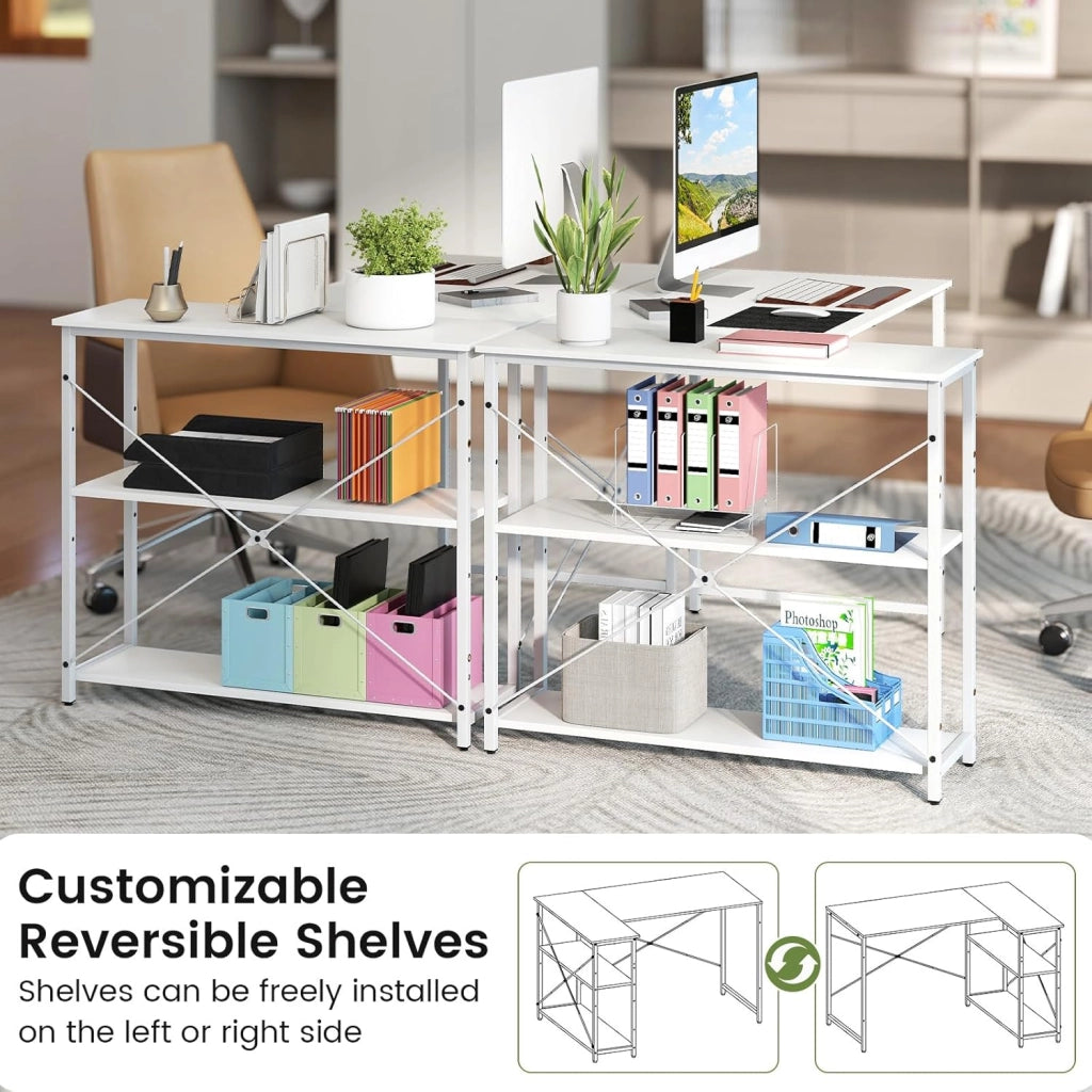 Scrivania a forma di L da 118 cm, tavolo per computer con ripiano reversibile, scrivania ad angolo moderno con ripiano regolabile, per studio, ufficio (bianco)