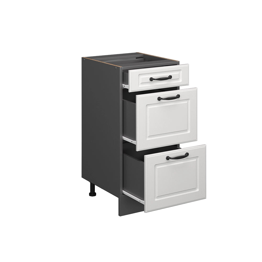 Mobiletto base per cucina R-Line Bianco rustico/Antracite 40 cm con cassetti, senza piano di lavoro Vicco